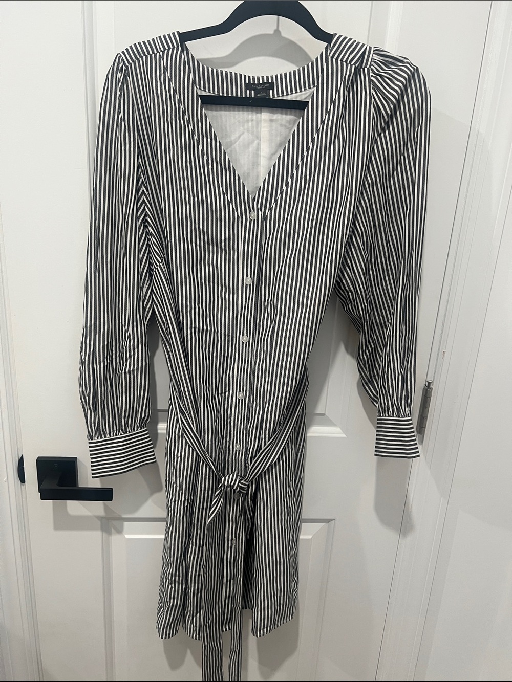 Ann Taylor Factory Black & White Striped V-Neck Tie-Waist Dress